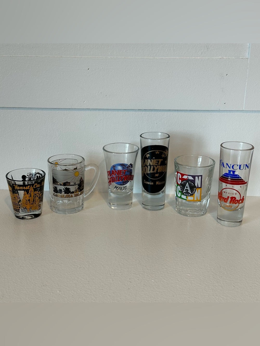 6 Travel Tourist Logo Shot Glasses, Vintage